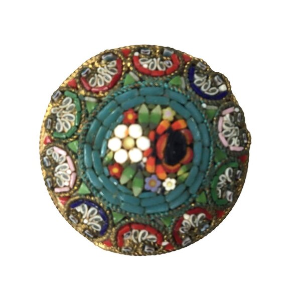 Vintage Italian Micro Mosaic Brooch Floral Round Millefiori Pin Italy Gold-Tone - Picture 2 of 10